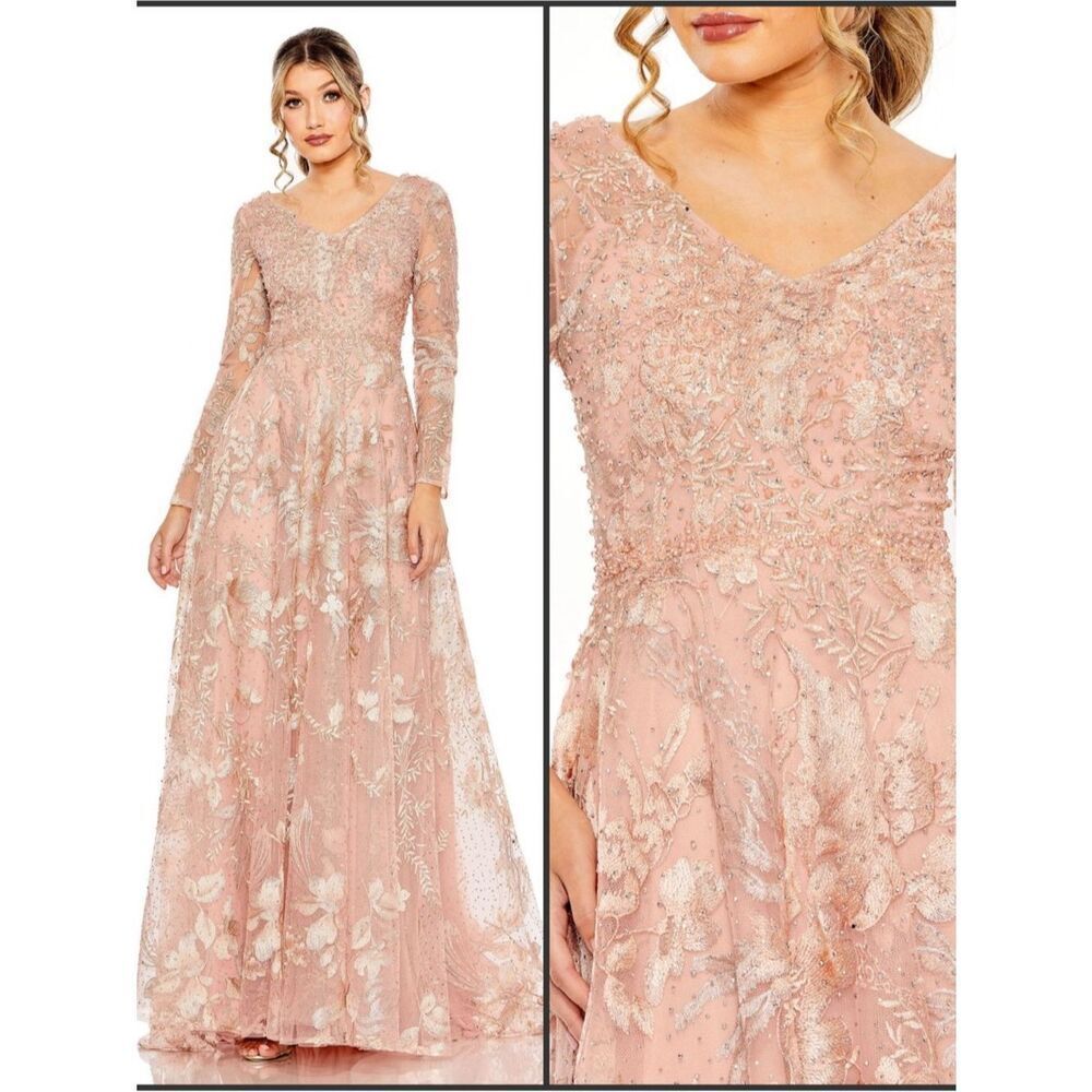 NWT MAC DUGGAL Pink Embellished Long Sleeve V Neck A Line Gown